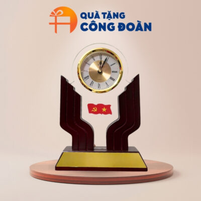 Quà tặng Đại hội đồng hồ để bàn in logo đế gỗ 16x21cm DH-07