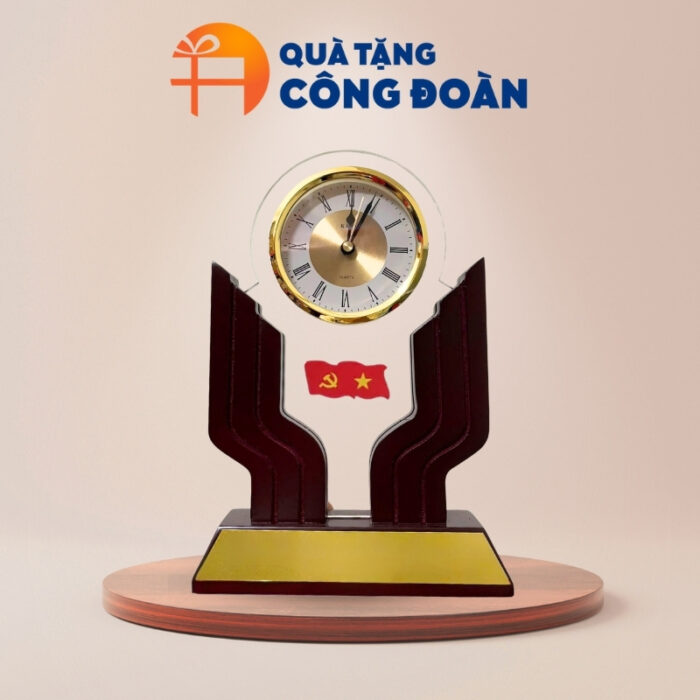 Quà tặng Đại hội đồng hồ để bàn in logo đế gỗ 16x21cm DH-07