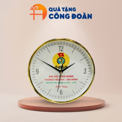 Quà tặng Đại hội đồng hồ treo tường in logo tròn 30cm viền xi vàng DH-14