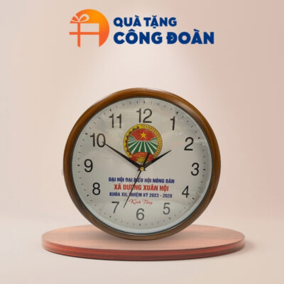 Quà tặng Đại hội đồng hồ treo tường in logo tròn 30cm viền nâu DH-13