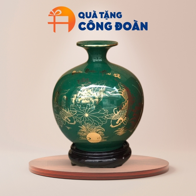 Bình hút lộc in logo quà tặng Đại hội Công đoàn vẽ vàng hoa sen cá chép BHL-10