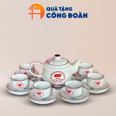 Bộ ấm chén trà in logo quà tặng Đại hội dáng vuông vẽ hoa đào xanh AC-23