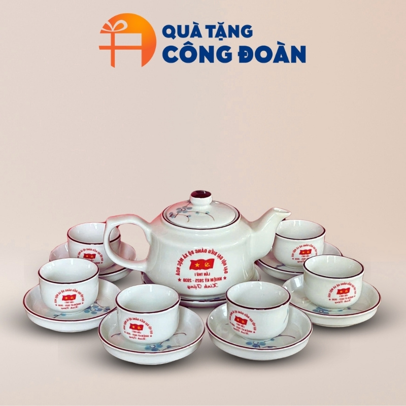 Bộ ấm chén trà in logo quà tặng Đại hội dáng vuông vẽ hoa đào xanh AC-23