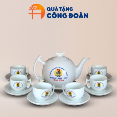 Quà tặng Đại hội in logo bộ ấm chén trà trắng dáng bưởi cành AC-26