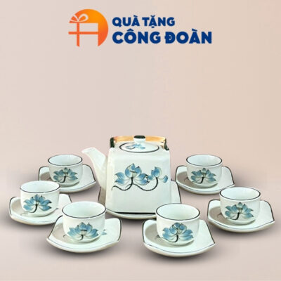 Bộ ấm chén uống trà in logo dáng vuông quà tặng Đại hội vẽ hoa sen AC-16