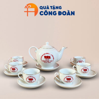 Quà tặng Đại hội bộ ấm chén uống trà in logo dáng camellia kẻ chỉ vàng AC-24