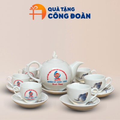 Bộ ấm chén uống trà sứ trắng quà tặng Đại hội in logo dáng bưởi lửa AC-27