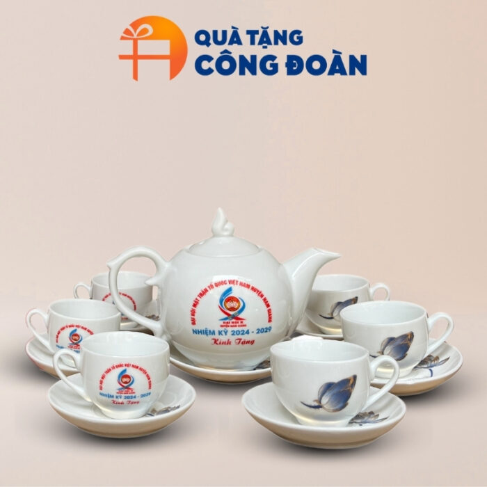 Bộ ấm chén uống trà sứ trắng quà tặng Đại hội in logo dáng bưởi lửa AC-27