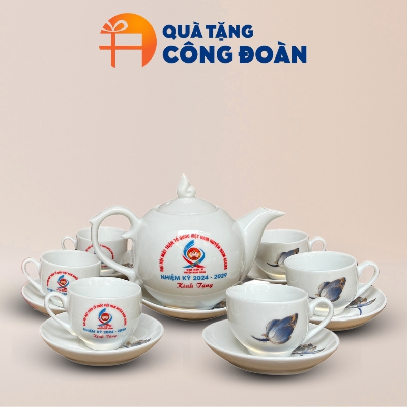 Bộ ấm chén uống trà sứ trắng quà tặng Đại hội in logo dáng bưởi lửa AC-27