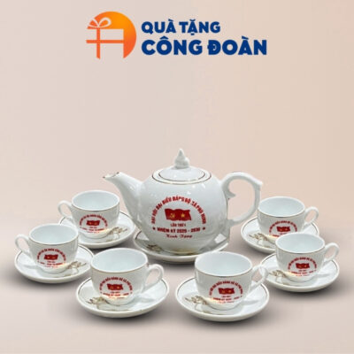 Bộ ấm trà in logo dáng bưởi lửa quà tặng Đại hội Đại biểu vẽ vàng hoa sen AC-18