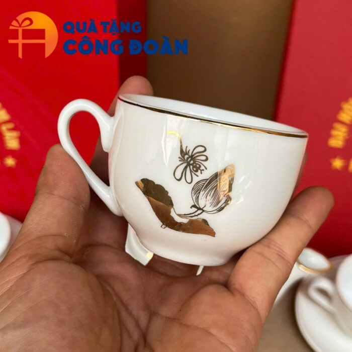 Bộ ấm trà in logo dáng bưởi lửa quà tặng Đại hội Đại biểu vẽ vàng hoa sen AC-18 - Hình ảnh 4
