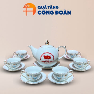 Bộ trà dáng mẫu đơn in logo quà tặng Đại hội Đảng vẽ hoa sen AC-20