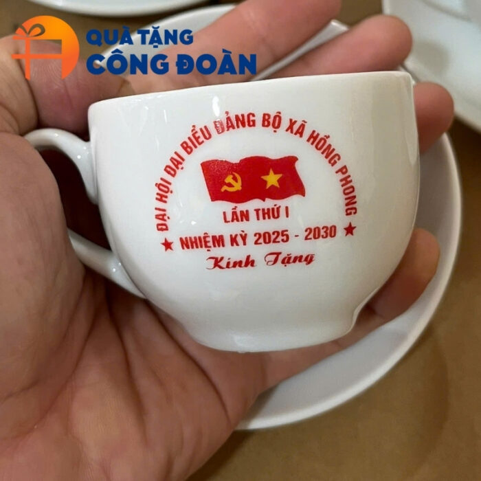 Bộ trà Minh Long in logo quà tặng Đại hội Đảng sứ trắng AC-19 - Hình ảnh 4