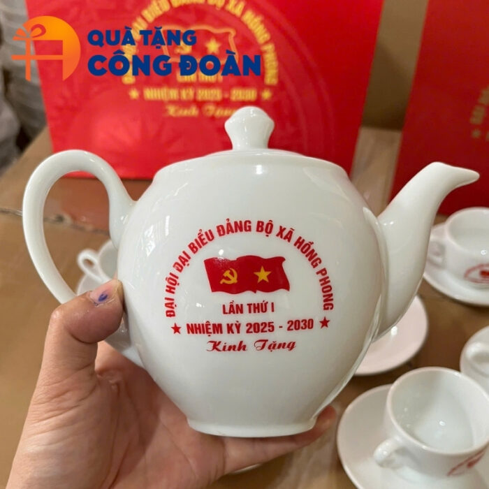 Bộ trà Minh Long in logo quà tặng Đại hội Đảng sứ trắng AC-19 - Hình ảnh 3