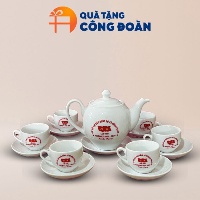 Bộ trà Minh Long in logo quà tặng Đại hội Đảng in logo sứ trắng AC-19