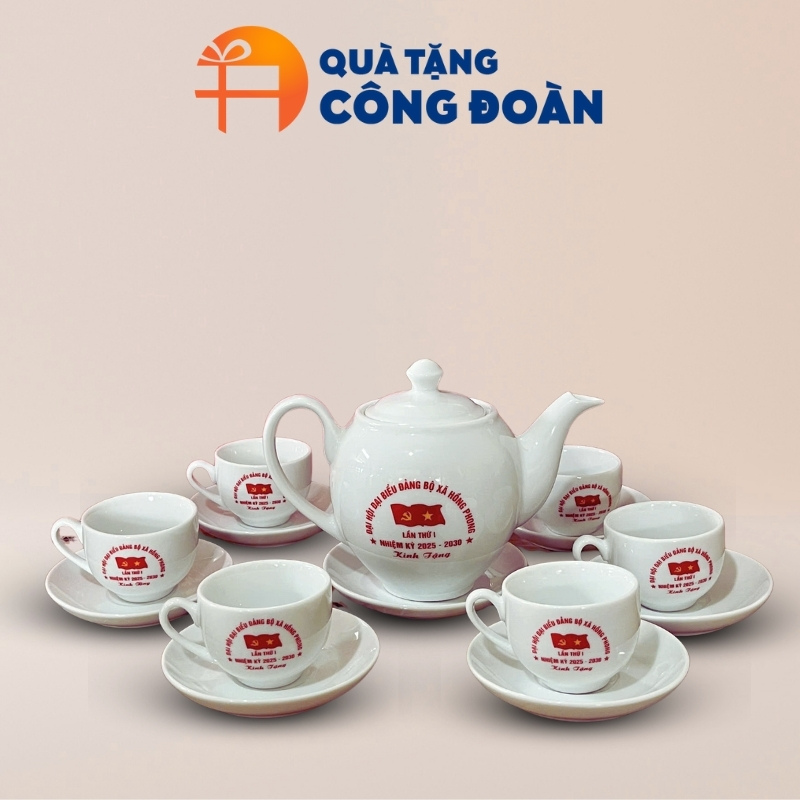 Bộ trà Minh Long in logo quà tặng Đại hội Đảng in logo sứ trắng AC-19
