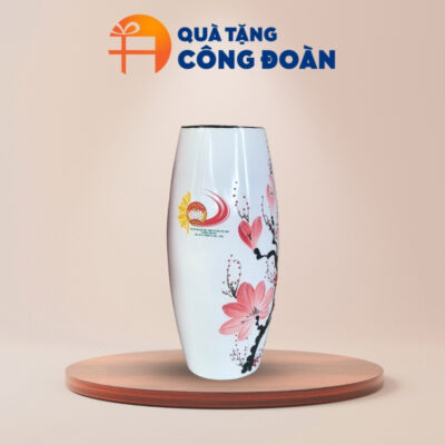 Quà tặng Đại hội Đại biểu lọ hoa in logo sứ trắng vẽ tay hoa đào LH-15