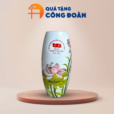 Quà tặng Đại hội lọ hoa men xước in logo vẽ tay hoa sen LH-16