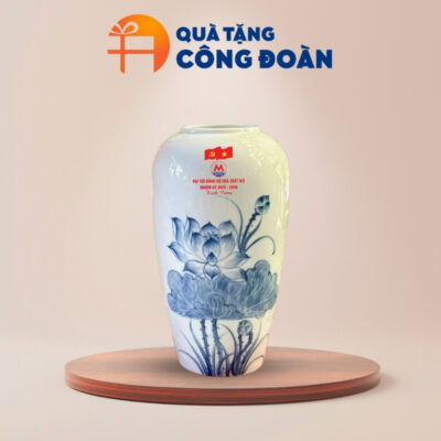 Lọ hoa quà tặng Đại hội Đảng in logo cao 29cm vẽ tay hoa sen LH-14