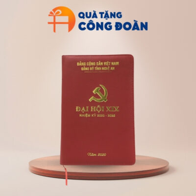 Sổ da dán gáy in logo quà tặng Đại hội Đảng màu đỏ SD-04