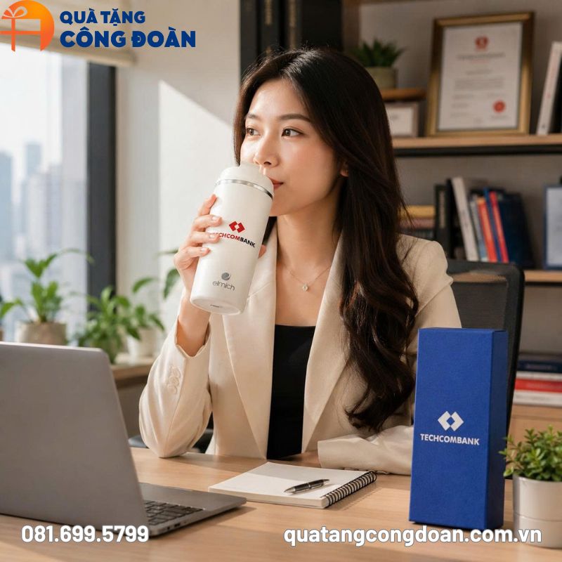 Bình Giữ Nhiệt Inox 304 trắng kem in Logo quà tặng Công đoàn