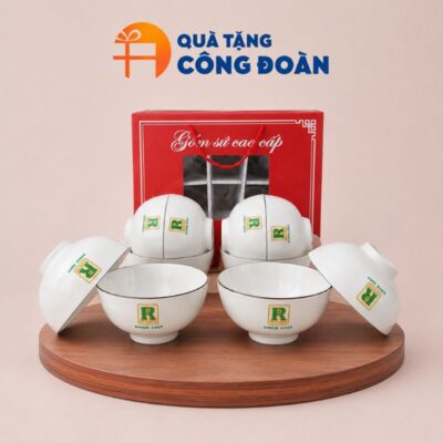 Bộ 10 bát cơm in logo men trắng gốm sứ Bát Tràng quà tặng Công đoàn