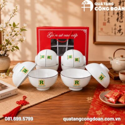 Bộ 10 bát cơm in logo men trắng gốm sứ Bát Tràng quà tặng Công đoàn