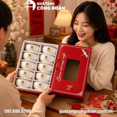 Bộ 10 bát cơm in logo men trắng gốm sứ Bát Tràng quà tặng Công đoàn