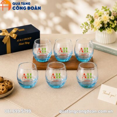 Bộ 6 cốc thủy tinh dáng bầu trứng màu xanh in logo quà tặng Công đoàn