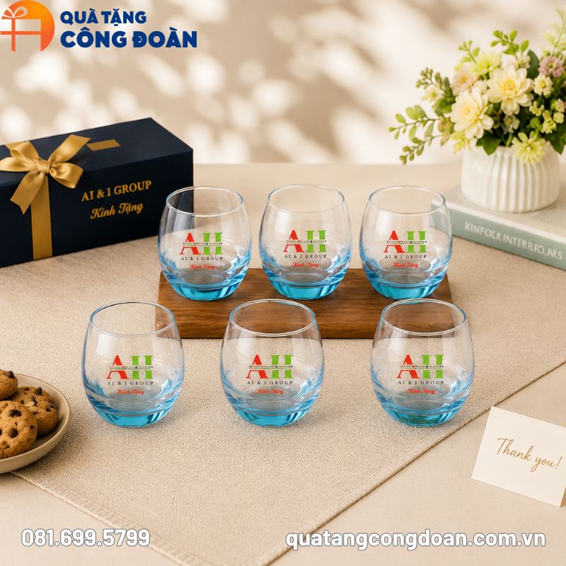 Bộ 6 cốc thủy tinh dáng bầu trứng màu xanh in logo quà tặng Công đoàn