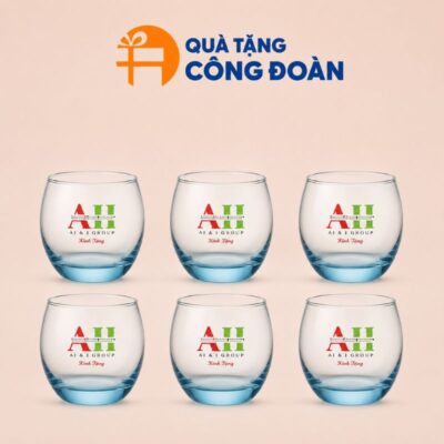 Bộ 6 cốc thủy tinh dáng bầu trứng màu xanh in logo quà tặng Công đoàn