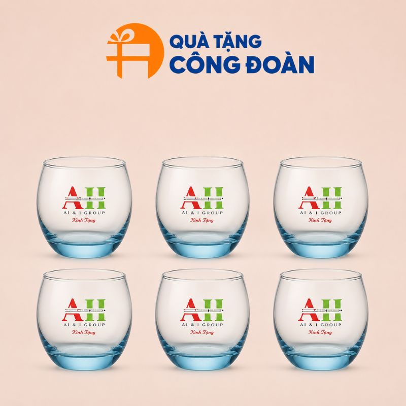 Bộ 6 cốc thủy tinh dáng bầu trứng màu xanh in logo quà tặng Công đoàn