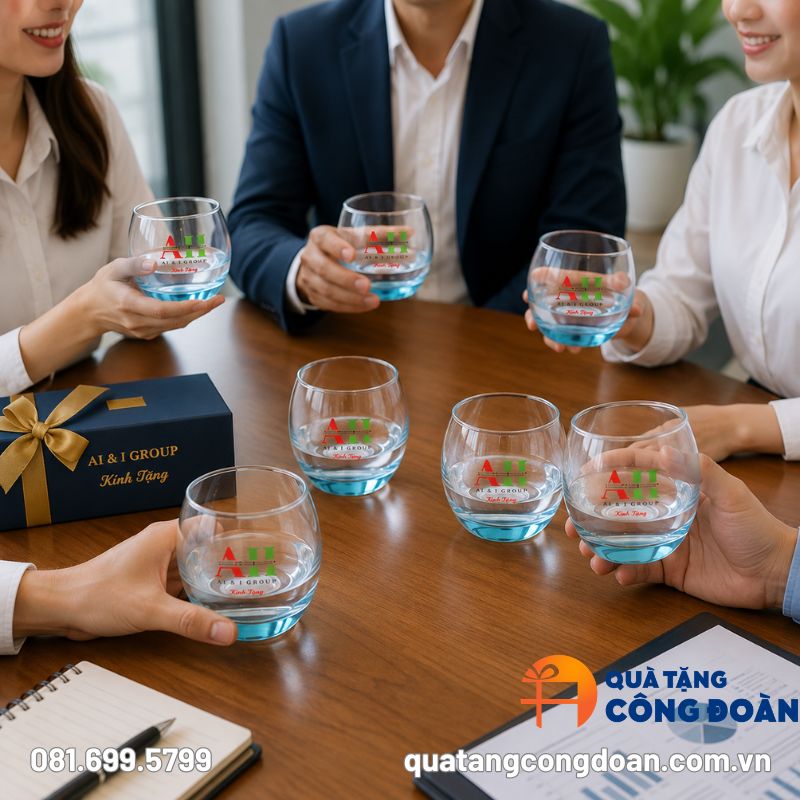 Bộ 6 cốc thủy tinh dáng bầu trứng màu xanh in logo quà tặng Công đoàn