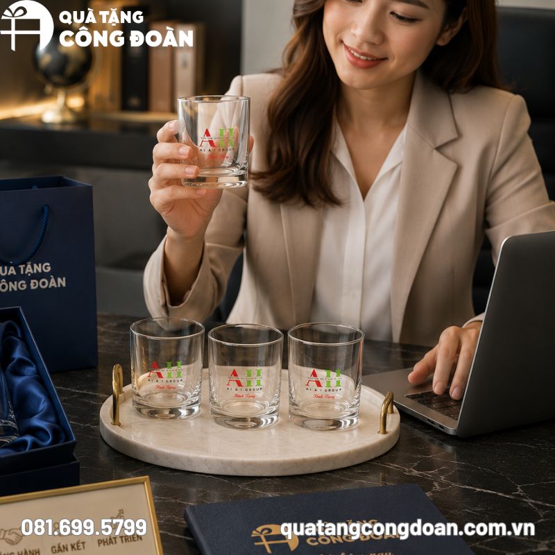 Bộ 6 cốc thủy tinh dáng trụ thấp in logo quà tặng Công đoàn