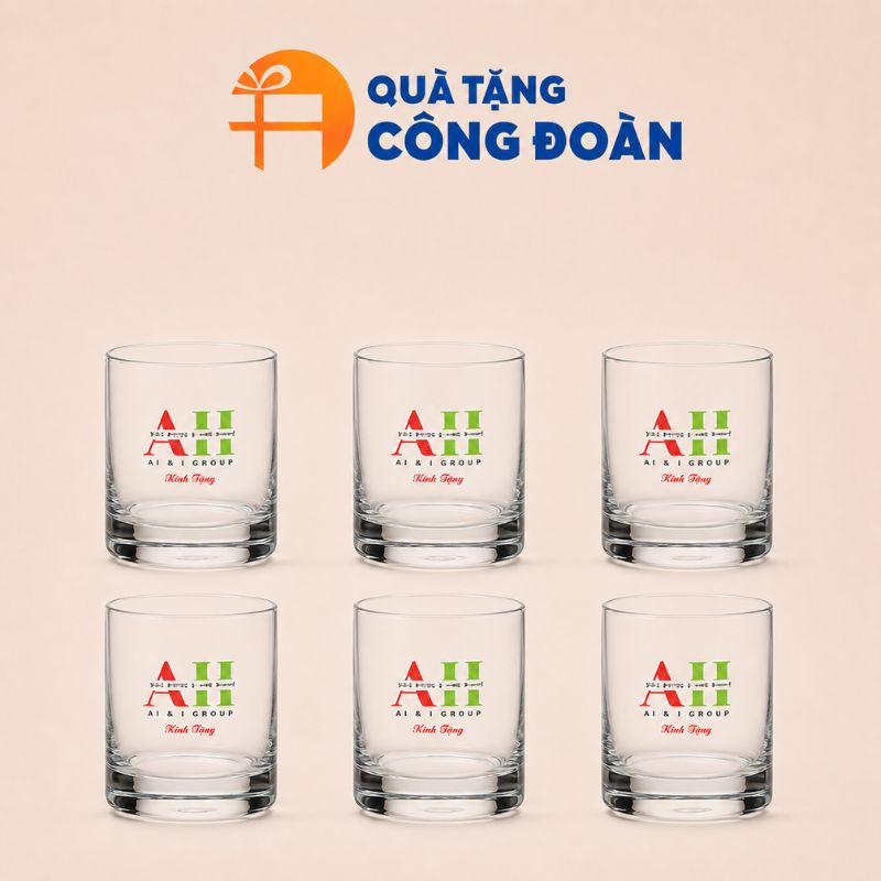 Bộ 6 cốc thủy tinh dáng trụ thấp in logo quà tặng Công đoàn