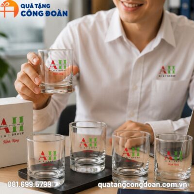 Bộ 6 cốc thủy tinh dáng trụ thấp in logo quà tặng Công đoàn