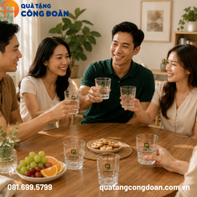 Bộ 6 cốc thủy tinh in logo đáy khía dáng trụ quà tặng Đại hội 245ml