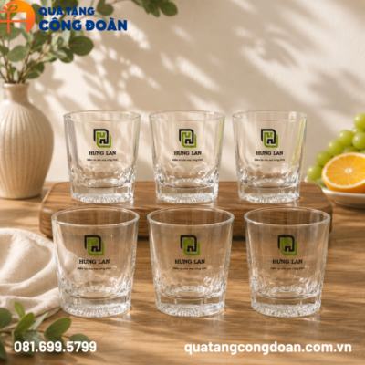 Bộ 6 cốc thủy tinh in logo đáy khía dáng trụ quà tặng Đại hội 245ml