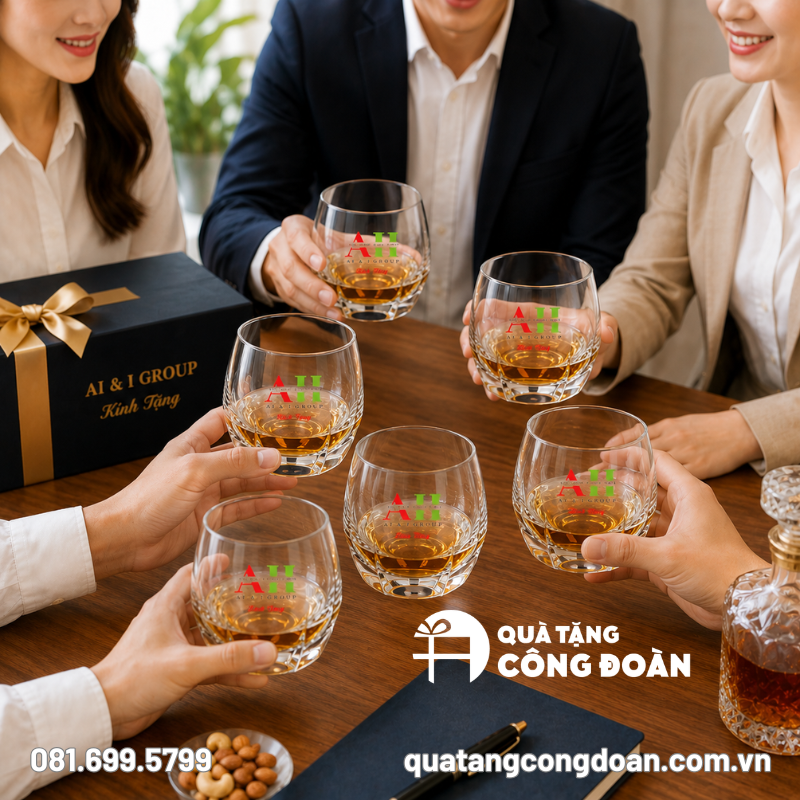 Bộ 6 cốc thủy tinh in logo quà tặng Đại hội Công Đoàn