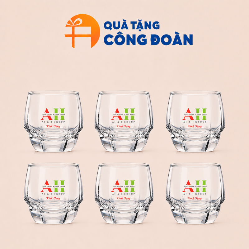 Bộ 6 cốc thủy tinh in logo quà tặng Đại hội Công Đoàn