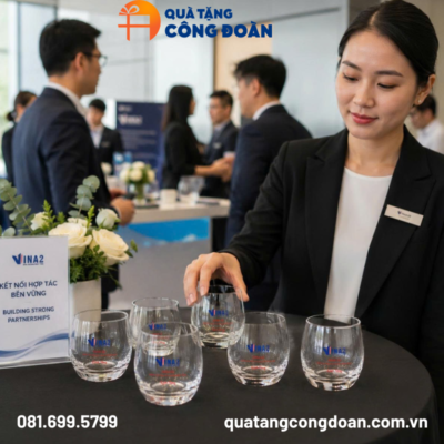 Bộ 6 cốc thủy tinh in logo quà tặng Đại hội Công Đoàn