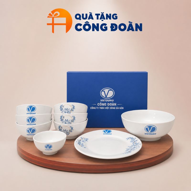 Bộ bát đĩa Bát Tràng in logo họa tiết vẽ hoa xanh quà tặng Công đoàn