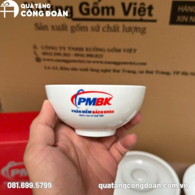 Bộ bát đĩa in logo Công đoàn trắng gốm sứ Bát Tràng
