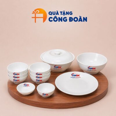 Bộ bát đĩa in logo Công đoàn trắng gốm sứ Bát Tràng