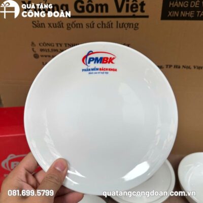 Bộ bát đĩa in logo Công đoàn trắng gốm sứ Bát Tràng