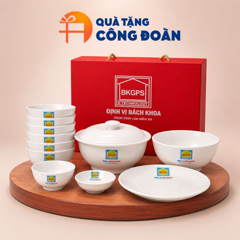Bộ bát đĩa in logo Công đoàn trắng gốm sứ Bát Tràng Định Vị Bách Khoa