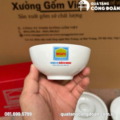 Bộ bát đĩa in logo Công đoàn trắng gốm sứ Bát Tràng Định Vị Bách Khoa