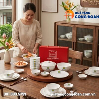 Bộ bát đĩa in logo Công đoàn trắng gốm sứ Bát Tràng Định Vị Bách Khoa