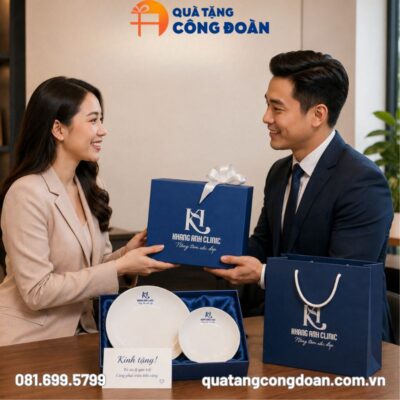 Bộ đĩa 2 món in logo Công đoàn men trắng