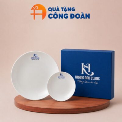 Bộ đĩa 2 món in logo Công đoàn men trắng
